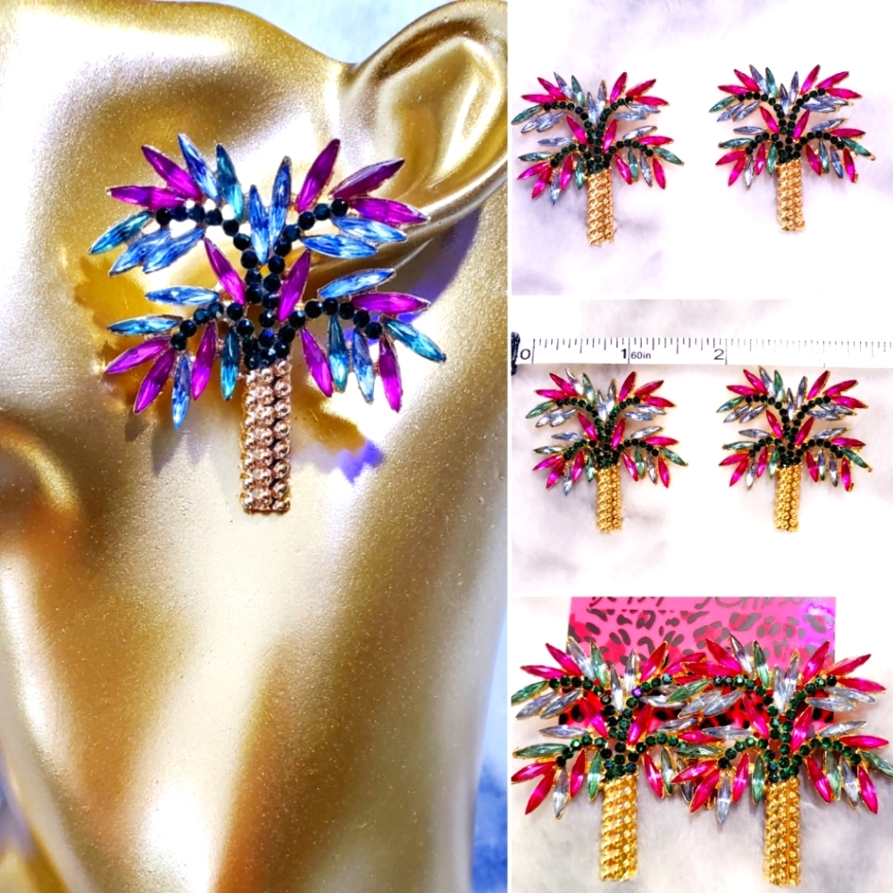 Large Gold multicolor Crystal palm tree earrings